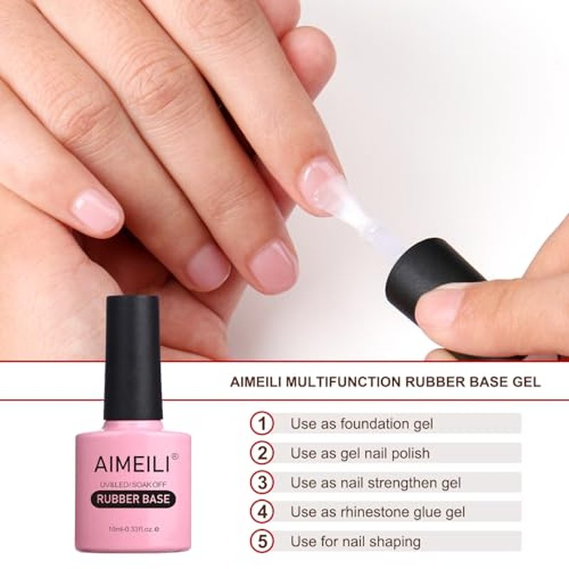 AIMEILI Clear Rubber Base Gel For Nails, Soak Off U V LED Hema Free Gel Nail Polish, 4 in 1 Nail Strengthen/Enhance/Base Coat/Color 10ml