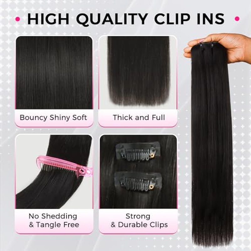 Lashey Invisi Edge Clip in Hair Extensions 16 Inch 110g 7pcs Injected Seamless PU Clip in Hair Extensions Virgin Human Hair, Natural Black Yaki Straight Hair