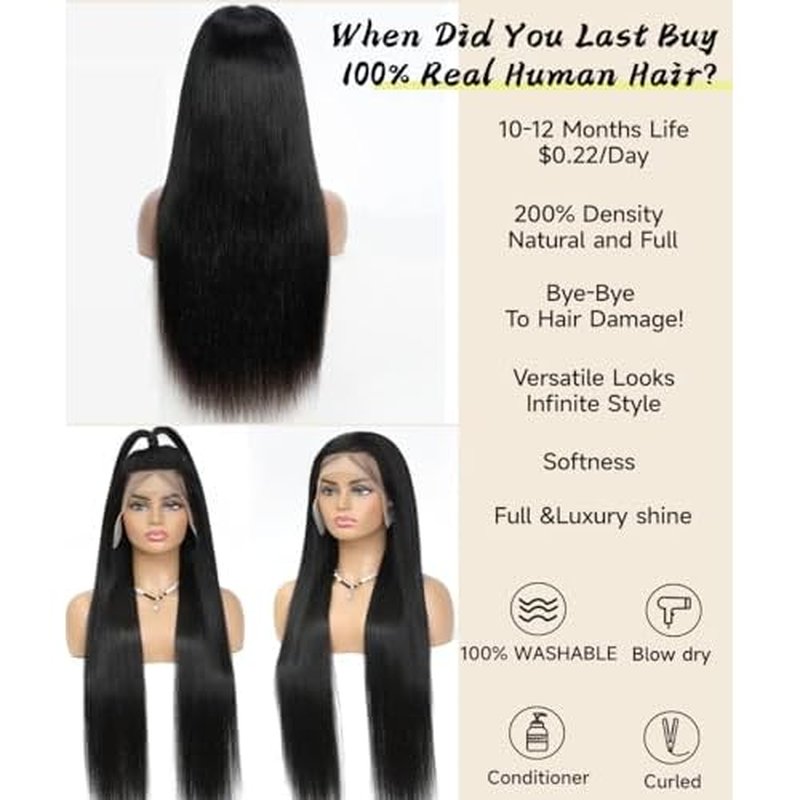 Sealusa 13x6 Lace Front Wigs Human Hair 100% Unprocessed Brazilian Virgin Hair Straight Human Hair Wig 200% Density Can Be Dyed And Restyled Vertical Smooth Natural Color With Baby Hair 22 Inch