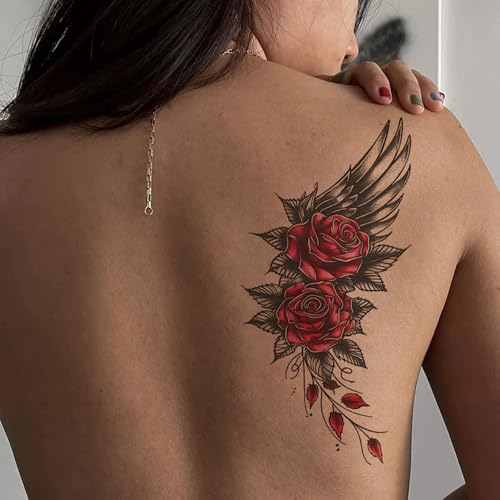 8 Sheets Waterproof Body Art Arm leg Temporary Tattoo Sticker Black Red Rose Flower Wing Gun Butterfly Suit for Men and Women