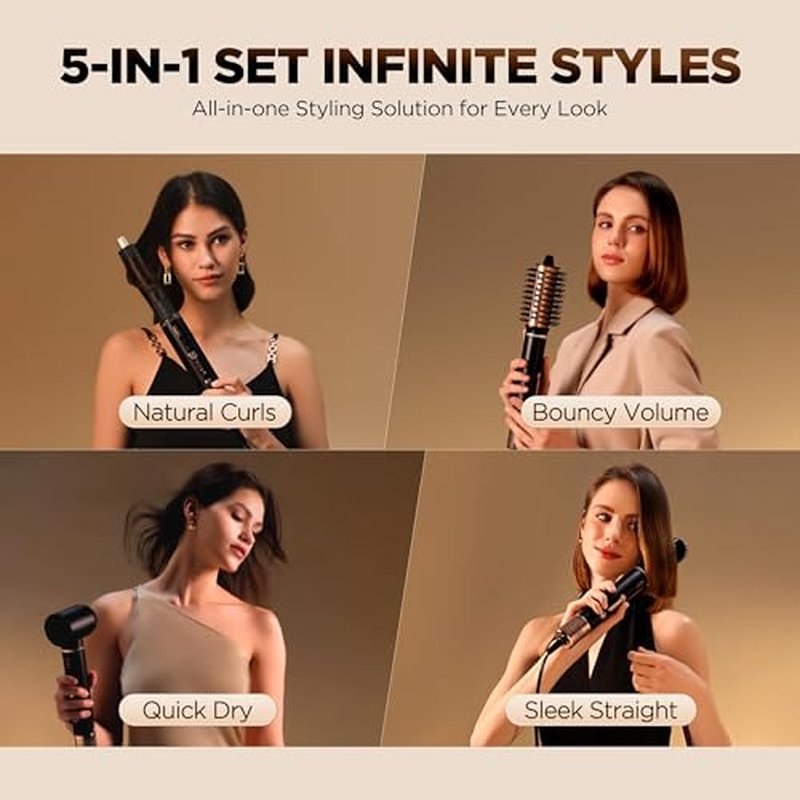 O.H.B 5 in 1 Air Wrap Hair Styler - High-Speed Hair Dryer Brush, Hot Air Styler with Fast Drying, No Heat Damage & Ionic Multi-Styler Dryer Brush for Volumize, Curl, Straighten, Frizz-Free, Black Gold