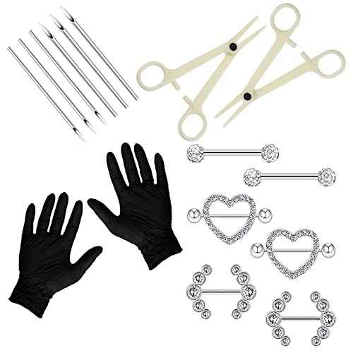 WZPB Nipple Piercing Kit for Women, 22Pcs Nipple Piercing Kit with 6 Pieces Nipple Piercing Rings Nipple Needle Kit Piercing Jewelry Barbell Heart Curved Shape Rings Barbell Piercing Clamps Needles