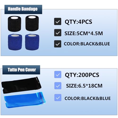 Professional Tattoo Machine Covers & Grip Tapes - 200pcs Tattoos Pen Covers and 4pcs Grip Tapes, Waterproof Tattoos Gun Wrap for Artists, Reusable Tattooing Equipment Sleeve Protectors