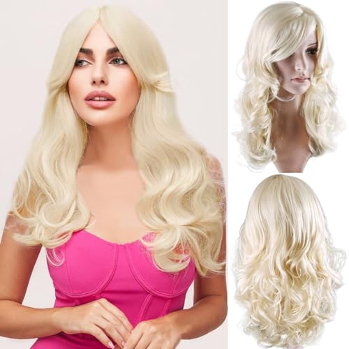 BERON 24" Stylish Blonde Wig for Women Long Curly Wavy Light Blonde Wig with Bangs Synthetic Wavy Wigs Long Wigs for Daily Party