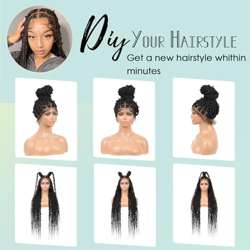 360¡Æ HD Full Lace Knotless Braided Wigs for Women Box Braid Wig with Baby Hair Premium Synthetic Natural Looking Black Butterfly Braided Lace Front Wigs 36 Inch