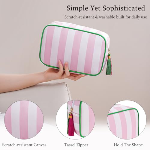 Large Stripe Canvas Zipper Makeup Bag,Aesthetic Tassel Travel Cosmetic Bag,Coquette Toiletry Bag, Girls Handbags Purses,Accessories Storage Bag for Women Girls (Pink)