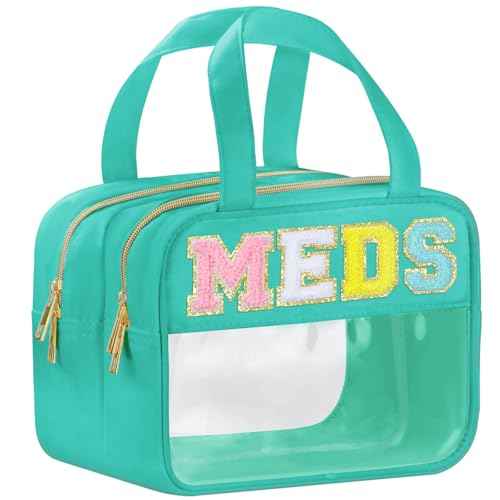 Chenille Letter Clear Medicine Bags, Makeup Bag for Travel, Preppy Patch Nylon Cosmetic Meds Pouch with Handles and Zipper, Waterproof Large Clear Travel Toiletry Purse Storage for Women Green