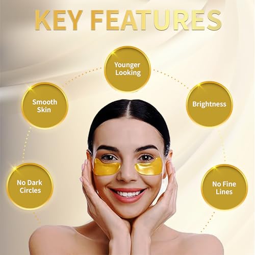24K Gold Under Eye Patches (20 Pairs) Anti-Wrinkle Hydrogel Eye Mask with Collagen & Hyaluronic Acid -Reduces Dark Circles, Puffiness & Fine Lines - Eye Treatment for Men & Women