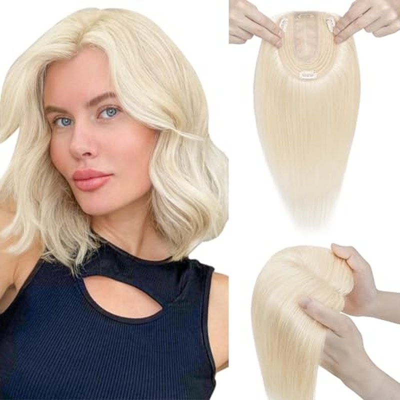 Elailite Hair Toppers for Women With Thinning Hair - Real Human Hair V3.0 Clip in Pieces 10 Inch Middle Parting for Loss Cover Gray Fine [Style-B] #60 Platinum Blonde