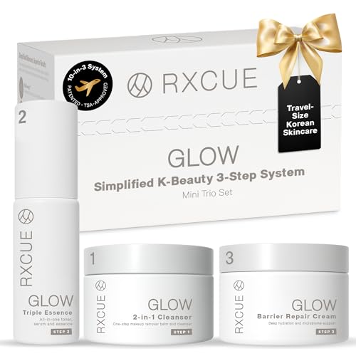 Simplified 3-Step K-Beauty Kit, Travel Size Korean Skincare Set, Rxcue Glow Patented 10-in-3 System for Glass Skin, TSA Approved, Korean Skin Care Travel Set, Skincare Kits & Gift Set, 1.01 fl oz ea