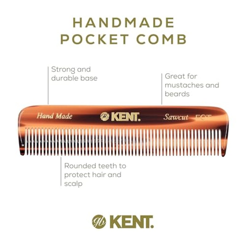 Kent A FOT Handmade Pocket Comb for Men, Women and Kids, All Fine Tooth Hair Comb Straightener for Everyday Grooming and Styling Hair, Beard and Mustache, Saw Cut and Hand Polished, Made in England