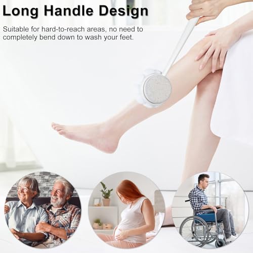Pumice Stone for Feet and Shower Loofah with Long Handle, Hard Skin Callus Remover, 2 in 1 Foot Scrubber Brush, Back Scrubber Body Brush for Shower Deep Cleansing and Exfoliating