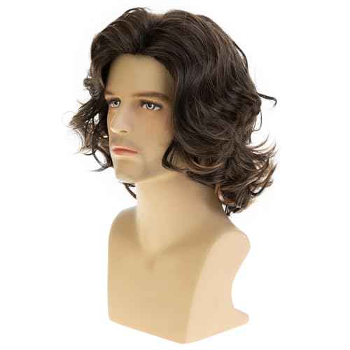 Mens Wig Brown Short Wavy Fluffy Cosplay Hair Wigs for Party Halloween Use