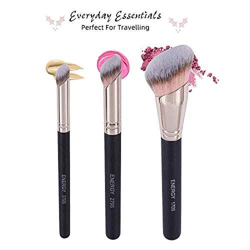 ENERGY Kabuki Foundation Brushes 3Pcs Professional Makeup Brush Set for Setting Powder Foundation Concealer Bronzer Blending with Liquid Cream Foundation Mineral Powder Comsetics with PU pouch