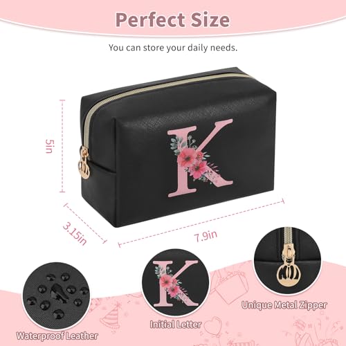 Personalized Initial Makeup Bag, Birthday Gifts for Women and Girls, Small Makeup Pouch Travel Toiletry Bag, Make Up Organizer Bag Gift Trendy Stuff for Friend Mom Teacher, Black