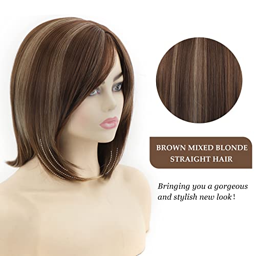 SEVENCOLORS Short Brown Mixed Blonde Bob Wigs for White Women Shoulder Length Synthetic Hair Wigs with Side Bangs Straight Blonde Highlights Women¡¯s Wig