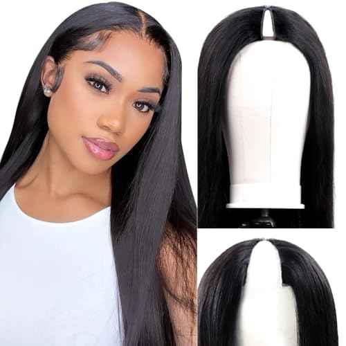 180% Density V Part Wig Human Hair with Drawstring Straight Brazilian Virgin Glueless Wig Human Hair for Black Women Upgrade U Part Wigs Full Head Clip In Half Wig No Leave Out Natural Color 8 Inch