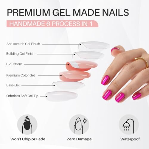 Hot Pink Press on Nails Short - Cat Eye Press on Nails Square for Women Gift, Natural Fit & Glossy Stick on Nails in 16 Sizes - 32 Reusable Soft Gel Fake Nails with Glue, Hot Pink