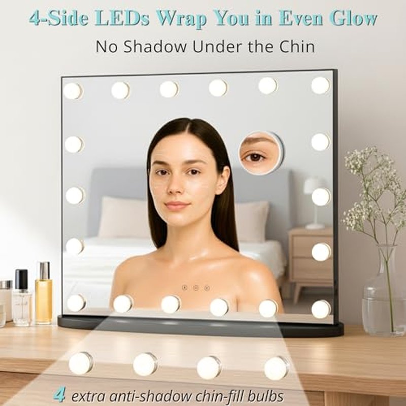 LUXFURNI 23.6" x 20.5" Hollywood Vanity Mirror with Lights, Light Up Makeup Mirror with 18 LED Bulbs for Bedroom, 3 Color Lighting Modes, Tabletop & Wall Mount, Black