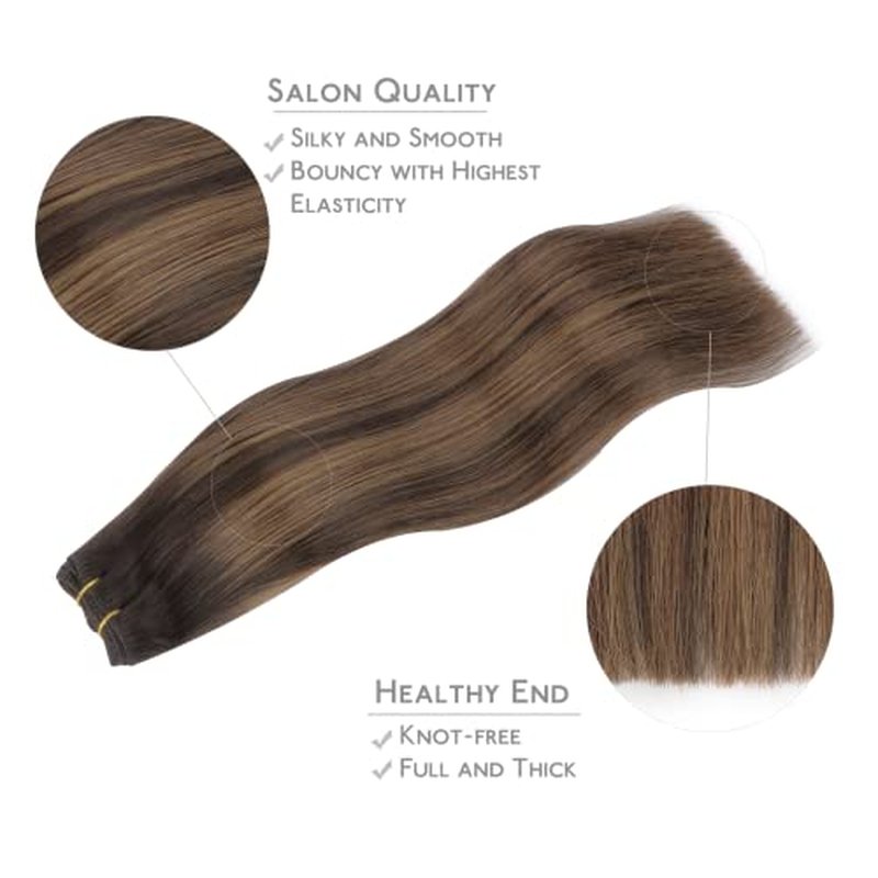 WENNALIFE Sew in Hair Extensions Real Human Hair, 22 Inch 110g Balayage Dark Brown to Chestnut Brown Machine Weft Remy Hair Hand Tied Weft Straight Extensiones De Cabello Hmano