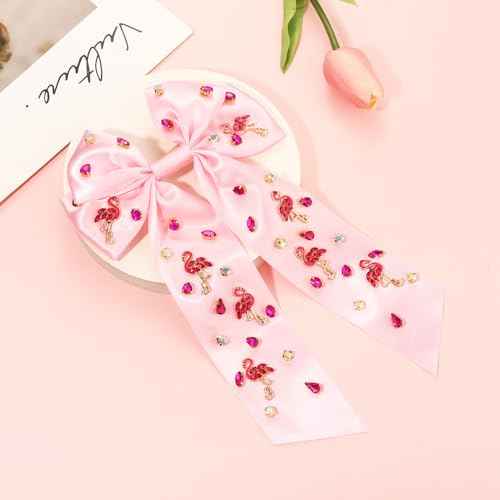 Flamingo Hair Bows for Women Tropical Flamingo Hair Clips Crystal Jeweled Big Pink Bows Satin Hair Ribbon Barrettes Boho Hawaiian Summer Beach Accessories Costume Outfits Party Favors (Pattern A1)