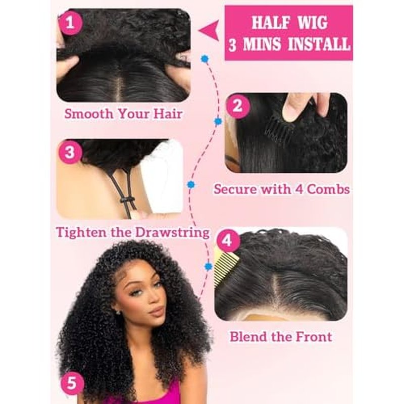 yosly Half Wig Human Hair 3 In 1 Kinky Curly Half Wig Glueless Wigs Human Hair Seamless Flip Over Invisible Hairline Wear Go Beginner Friendly Curly Half Wigs for Women 18 Inch