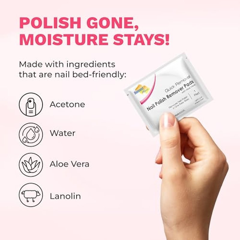Diamond Wipes Nail Polish Remover Wipes with Aloe Vera, Acetone Nail Polish Remover Pads, Case of 500 Individually Wrapped Nail Polish Wipes