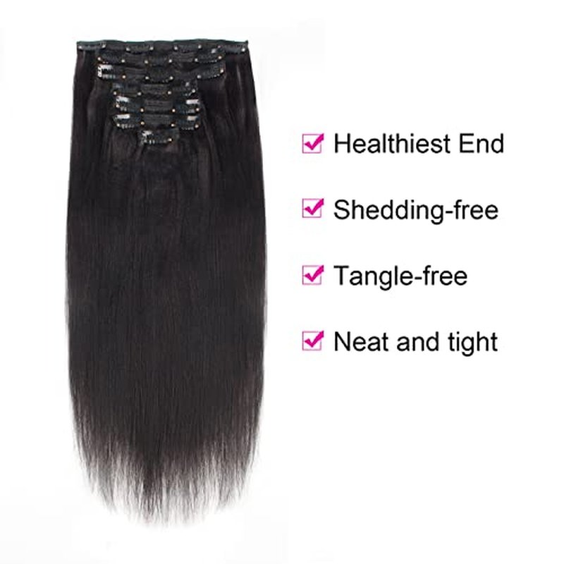 Lovrio Light Yaki Straight Clip in Human Hair Extensions Double Weft Straight Clip in Hair Extensions Human Hair for Black Real Thick 22 Inch Natural Black Yaki Clip ins Hair120G 7 Pieces, 17 Clips