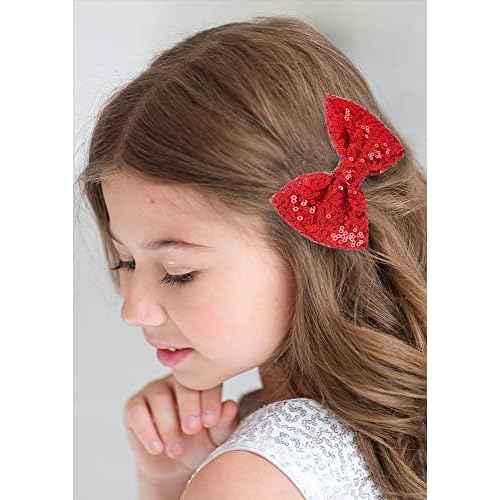 12 Pieces Red Sequin Bows for Girls 4.7" Large Cheer Hair Bow with Alligator Clips Hair Accessories for Kids Toddler Cheerleaders Teen Girls College Sports