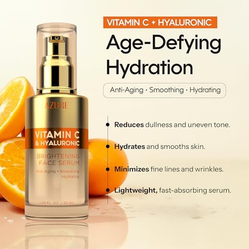 Azure Cosmetics Vitamin C Serum For Face - Dermatologist Tested, Anti-Aging with Hyaluronic Acid for Dark Spots, Fine Lines & Wrinkles - Brightning, Clean Korean Skincare for Glass Skin - 1.69 fl oz