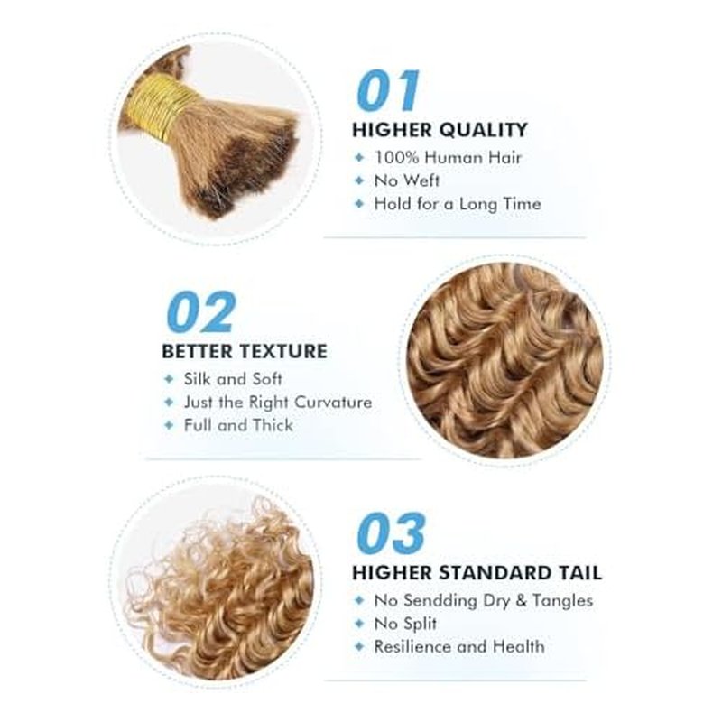 Human Braiding Hair for Boho Braids 150g 24 Inch Honey Blonde Curly Boho Hair for Braiding Knotless 12A Deep Wave Bulk Bohemian 3 Bundles/Pack Color 27