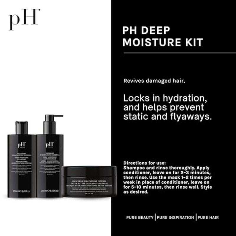 pH PURE HAIR Deep Moisture Set - Deep Moisture Shampoo (8.4 Oz) and Conditioner (8.4 Oz) Set with Extra Butter Hair Mask (6.7 Oz) for Damaged & Dry Hair - 3 Piece Kit