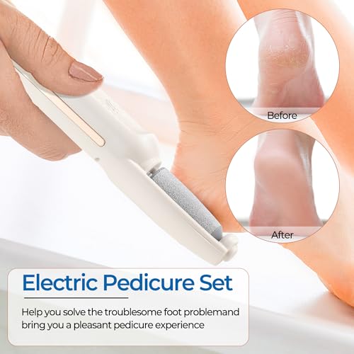 Electric Callus Remover for Feet, Rechargeable Waterproof Foot File with 2 Roller Heads, Cordless Pedicure Tool for Cracked Heels & Dead Skin