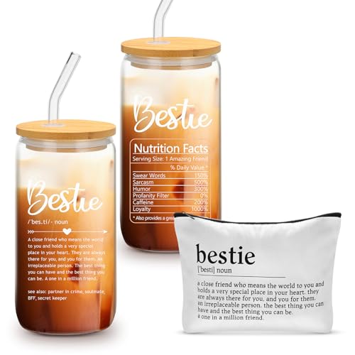 Tioncy 2 Pcs Bestie Birthday Gifts for Women BFF Friendship Gift Set Makeup Bag 17 oz Bestie Glass Cup with Lid and Straw for Women Sister