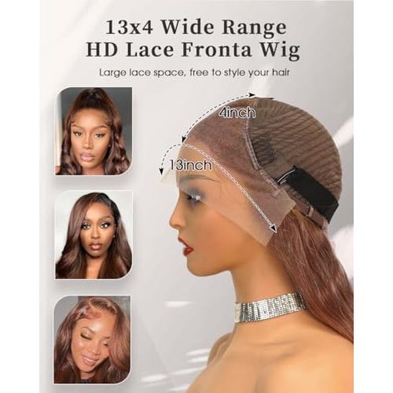 Chocalate Brown Lace Front Wigs Human Hair 13x4 HD Transparent Lace Frontal Wigs Body Wave Colored 4 Brown Wavy Wig Pre-Plucked Hairline 180% Density 18 inch