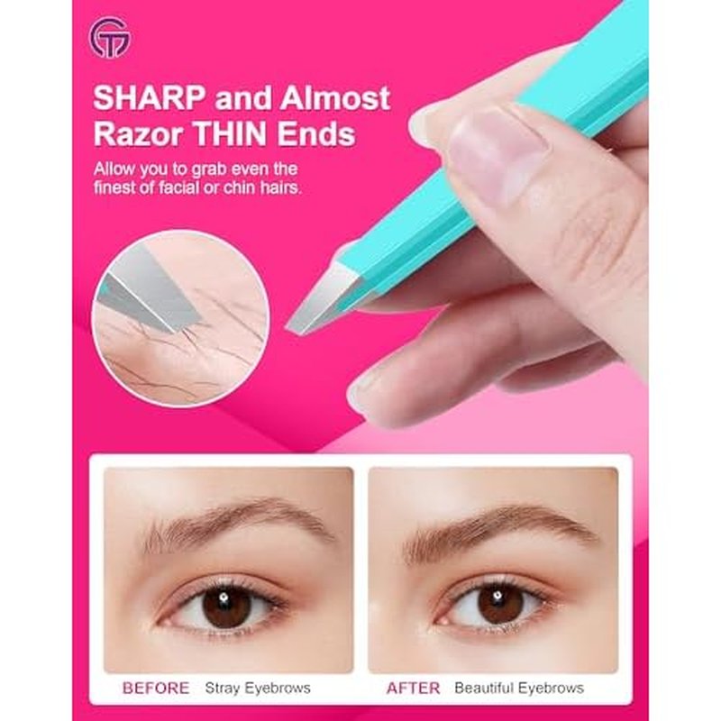 Expert Eyebrow Hair Removal Tweezer with Leather Case, GlamTweeler High Precision Slant Tip Stainless Steel Tweezers for Men and Women (Robin's Egg Blue)