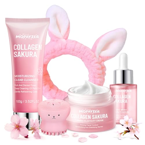 Sakura Skin Care Set for Teen Girls, Skincare Gift Set for Teens 10-12, Hydrating & Soothing, 5 Pcs Collagen Skincare Routine Kit for Women with Cleanser, Serum, Cream, Bunny Headband, Cleansing Brush