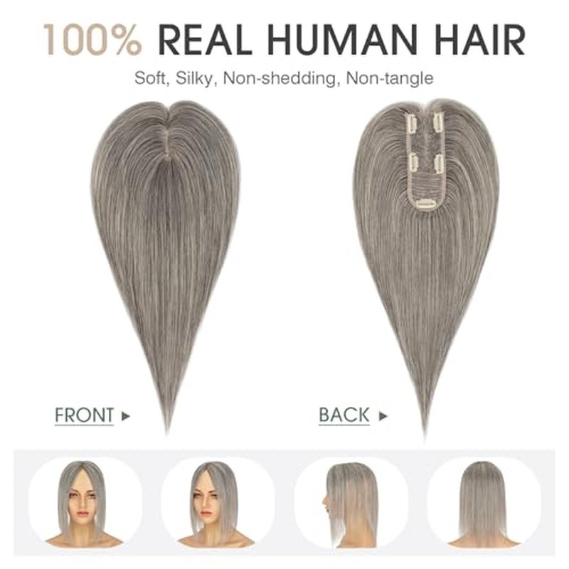 S-noilite Hair Toppers for Women Real Human Hair, 100% Real Human Hair Toppers for Women for Thin Hair 2.25"*6" Lace Silk Base 12 inch (Mixed Dark Gray)