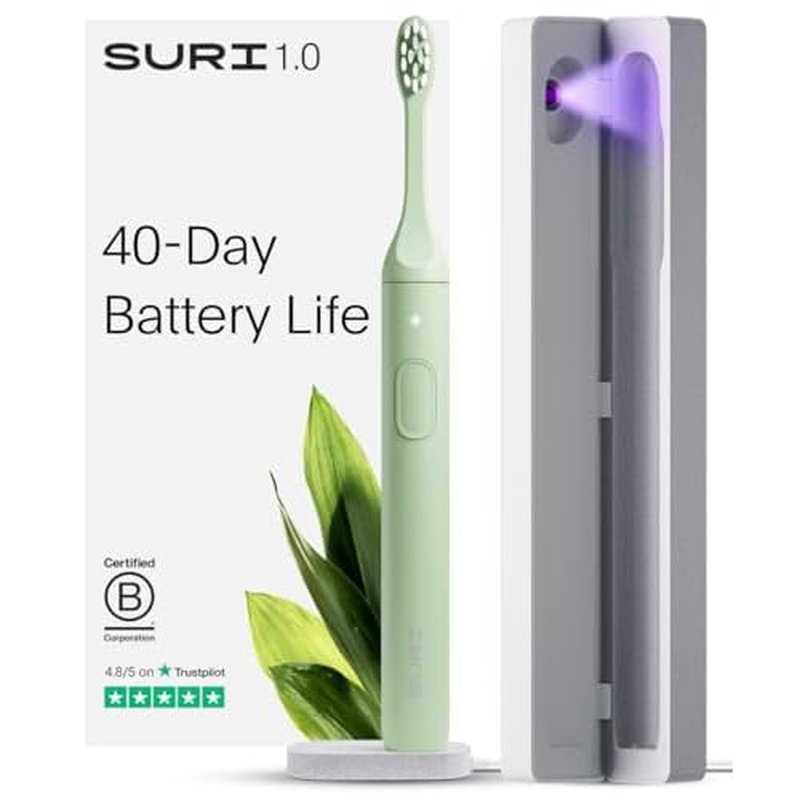 SURI 1.0 Sonic Electric Toothbrush with UV Cleaning Travel Case | 1 Month+ Battery | Designed in California | Electric Toothbrush for Adults | Travel Toothbrushes | Tooth Brush | Green