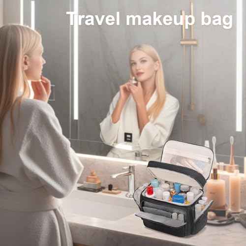 LEDAOU Toiletry Bag for Women, Quilted Travel Makeup Bag Organizer with Double Deck, Large Wide-open Cosmetic Make up Bag for Travel Essentials (Black Puffy)