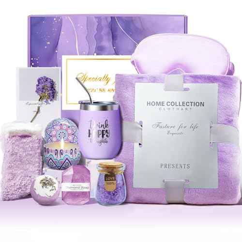 Spa Gift Baskets for Women - 12-Piece Self Care Kit with Soy Candle, Bath Salts, Purple Blanket, Insulated Tumbler, Eye Mask & More ? Unique Mothers Day, Birthday, or Get Well Soon Gifts for Women