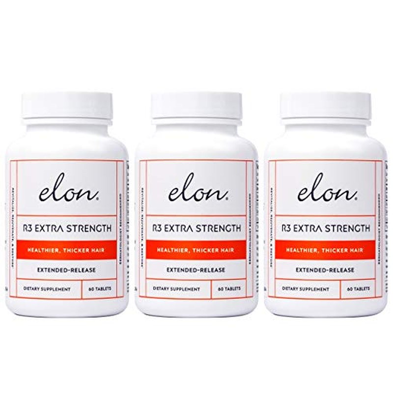 Elon R3 Extra Strength for Hair Growth - Supplements for Women to Grow Thicker, Fuller Hair, Advanced Formula with 5000 mcg Biotin Per Serving & Collagen, 60 Count (Pack of 3)