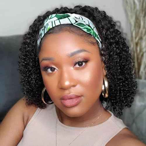 Brazilian Curly Headband Wig - 12 Inch Human Hair, Glueless, No Lace Front, Natural Color