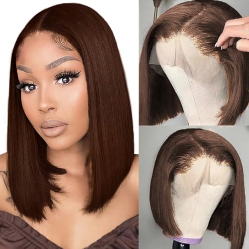 Chocolate Brown Bob Wig Human Hair Straight 13x4 HD Lace Front Wigs for Black Women Glueless Short Bob Lace Frontal Wig Human Hair Pre Plucked 150% Density #4 Color 16 Inch