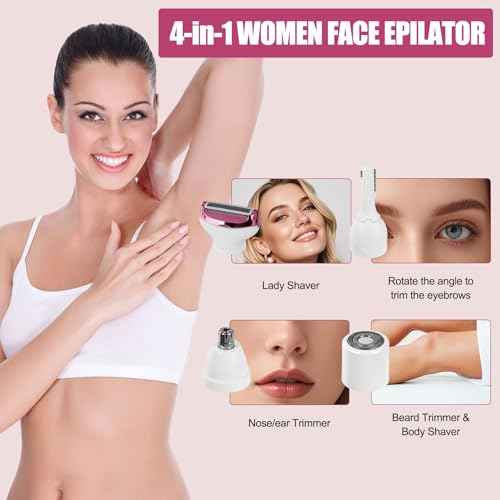 Women Face Epilator, 4-in-1 Portable Design Facial Epilator, Rechargeable Facial Hair Removal for Women & Men, Waterproof Facial Shaver for Face, Ears, Nose, Eyebrow, Body