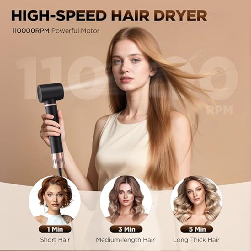 O.H.B 5 in 1 Air Wrap Hair Styler - High-Speed Hair Dryer Brush, Hot Air Styler with Fast Drying, No Heat Damage & Ionic Multi-Styler Dryer Brush for Volumize, Curl, Straighten, Frizz-Free, Black Gold