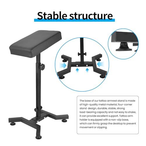 Tattoo Armrest Stand, Tattoo Arm Rest Stand Adjustable, Tiltable Thickened Black Leather Cushion, Stable Four Corner Base, Portable Tattoo Armrest for Studio Salon Tattoo