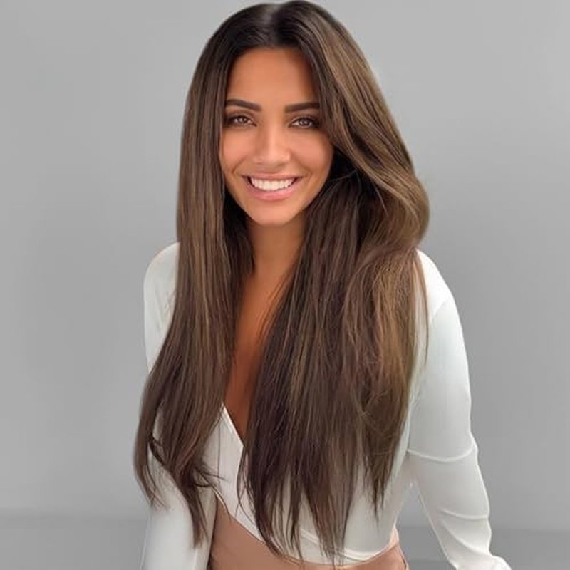 20'' Chocolate Brown Silky Straight Lace Front Wig with Dark Roots Glueless Pre plucked Bleached Knots Ombre Lace Front Wigs Human Hair Auburn Transparent HD Lace Wigs with Baby Hair for Black Women