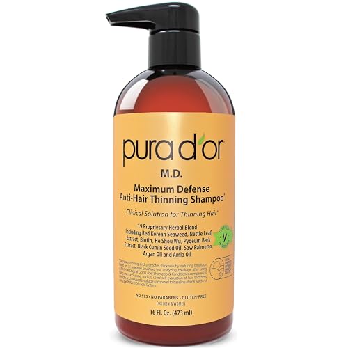 PURA D'OR 16 Oz MD Anti-Hair Thinning Maximum Defense Shampoo - 0.5% Coal Tar, Biotin, Proprietary Herbal Blend For Dry & Itchy Scalp, No Sulfates - For Men & Women