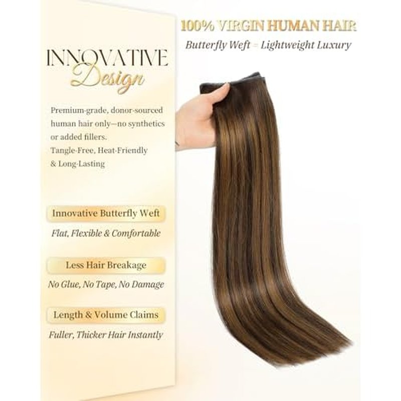 PANEWAY OVO Butterfly Weft Hair Extensions Real Human Hair Layer Invisible Extensions No Glue Genius Weft with Micro Beads for Short/Thin Hair (#P2/8/T2,20 Inch)